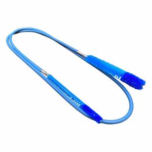Dual-ended blue cleaning brush with bristled ends on flexible tubing, used for cleaning small bottles or straws