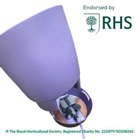 Purple planter with an exposed built-in irrigation mechanism at the base, a cord attached, and an RHS 'Endorsed by' logo in the top-right corner.
