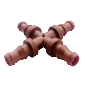 Cross-shaped plastic hose connector with four barbed ends for joining irrigation hoses.
