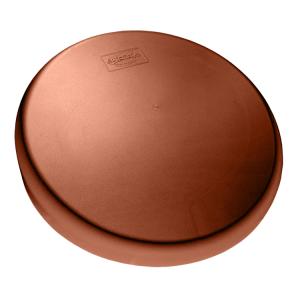 Round terracotta baking stone/viewed from above with a raised edge.