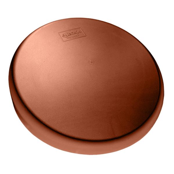 Round terracotta baking stone/viewed from above with a raised edge.