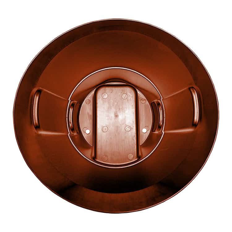 Top-down view of a round metal trash can with a rectangular central pedal and two side handles.