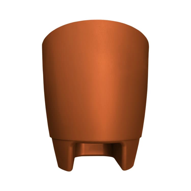 Terracotta plant pot with a wide, rounded body resting on a small stand or plant saucer.