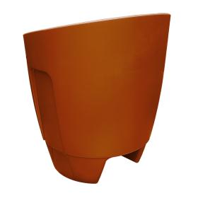 Orange curved plastic planter viewed from the side.