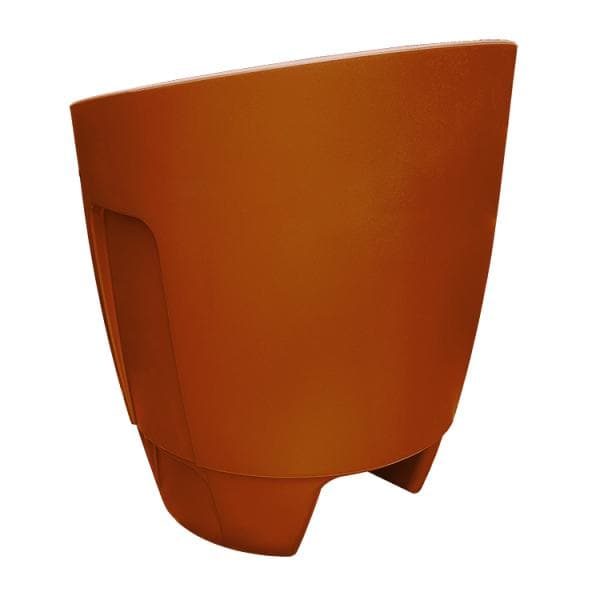 Orange curved plastic planter viewed from the side.