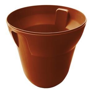 Brown plastic cup with a small handle, shown from an angled top view