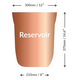 Gradient copper-colored reservoir container with the word 'Reservoir' on it, dimensions shown: width 300 mm (12 in) at the top, bottom width 210 mm (8 in), and height 375 mm (14.6 in) with arrows.