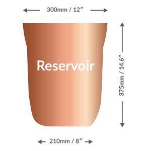 Gradient copper-colored reservoir container with the word 'Reservoir' on it, dimensions shown: width 300 mm (12 in) at the top, bottom width 210 mm (8 in), and height 375 mm (14.6 in) with arrows.