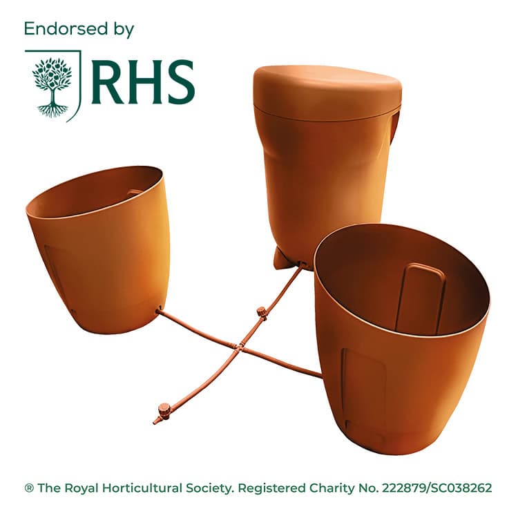Three copper planter pots connected by tubing, with the RHS Endorsed logo in the top-left corner and charity text at the bottom.