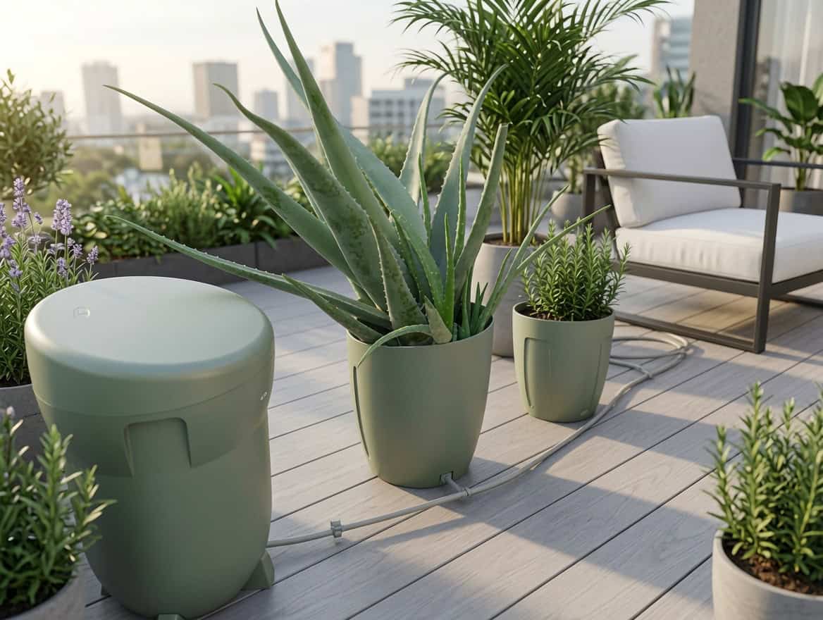 Rooftop patio with large green potted succulent, smaller herb-like pot, and modern seating against an urban skyline backdrop