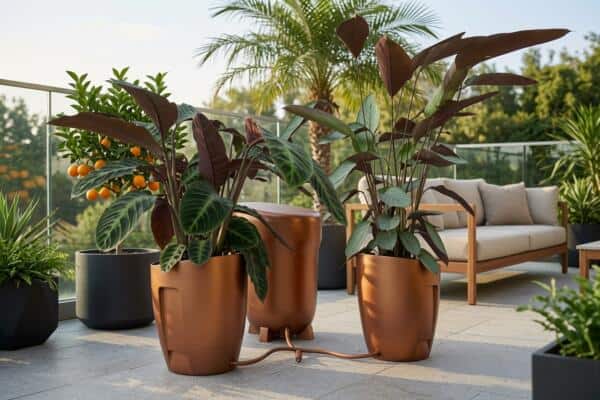 Outdoor patio with three copper pots connected by a watering hose, housing large tropical plants; seating area in background.