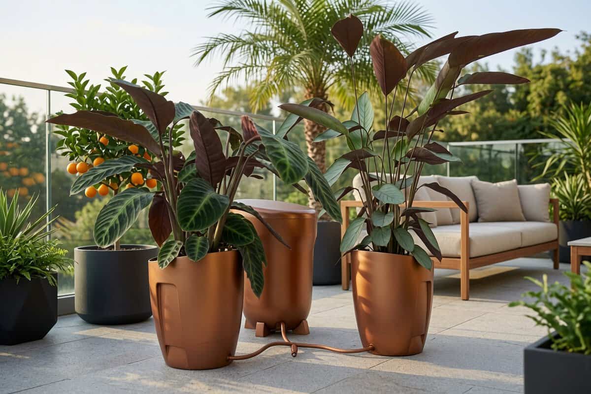 Outdoor patio with three copper pots connected by a watering hose, housing large tropical plants; seating area in background.
