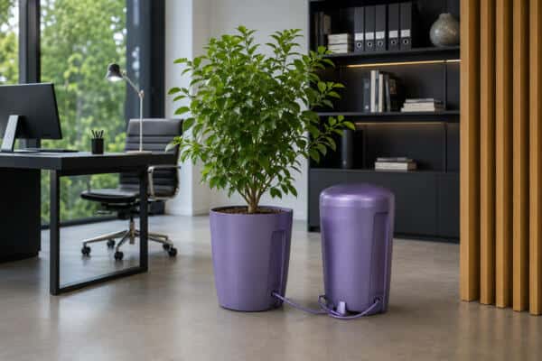 Office scene with a lush green plant in a purple pot and a matching purple connected device on the floor beside it, near a black desk and bookshelf.