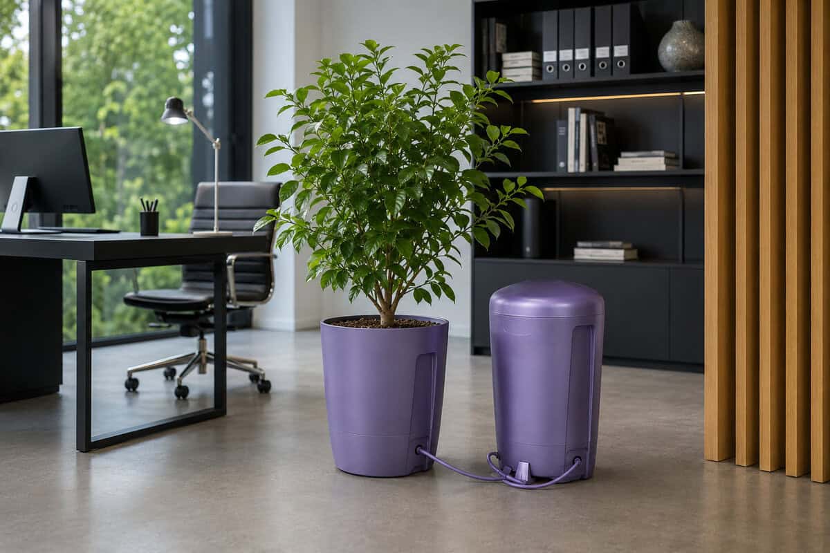 Office scene with a lush green plant in a purple pot and a matching purple connected device on the floor beside it, near a black desk and bookshelf.