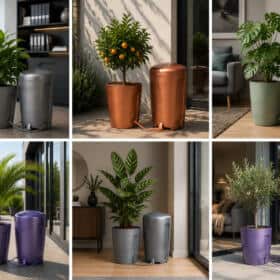 Set of large, color-coded plant pots with built-in irrigation cords in various indoor and outdoor settings (gray, copper, green, and purple).