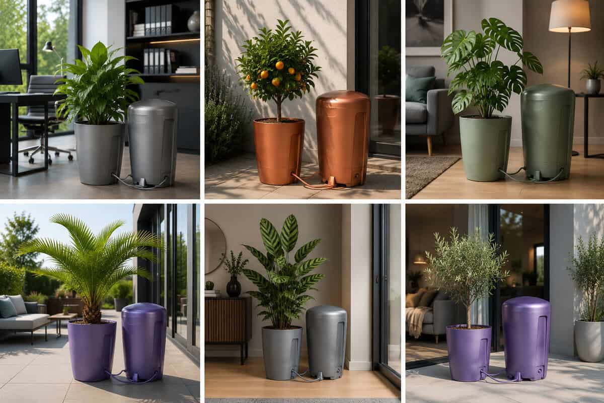 Set of large, color-coded plant pots with built-in irrigation cords in various indoor and outdoor settings (gray, copper, green, and purple).