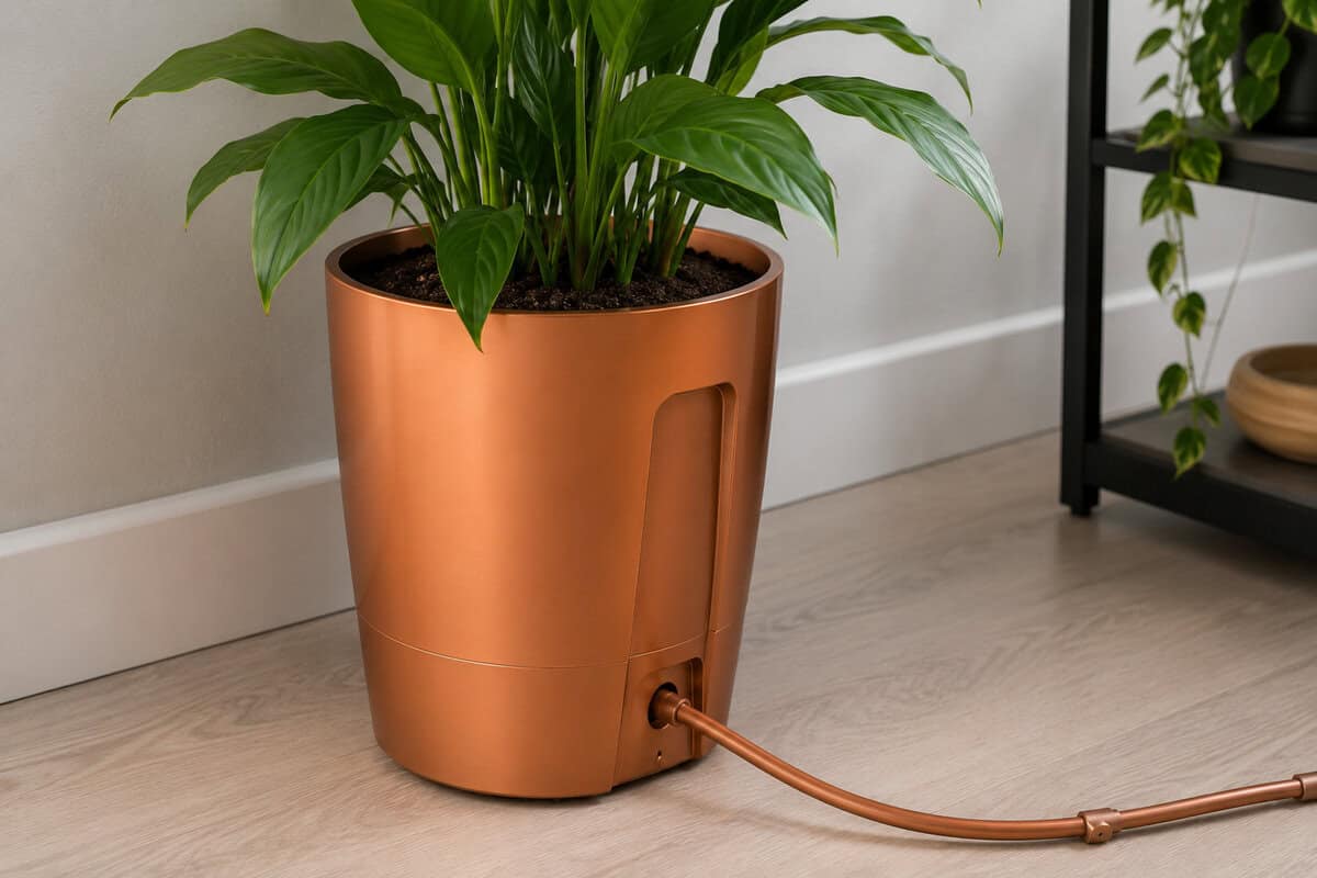 Copper-colored planter with a lush green houseplant indoors; a power cord extends from the base on the floor.